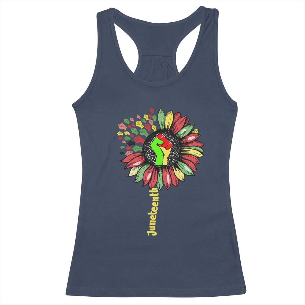 Juneteenth Racerback Tank Top Sunflower with Raised Fist Black History African American TS01 Navy Print Your Wear