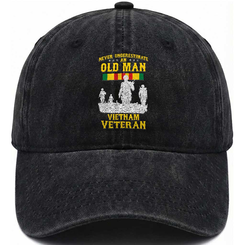 Never Underestimate an Old Man Vietnam Veteran Washed Cotton Baseball Cap Patriotic Military Gift TS01 Washed Cap Universal Fit Black Print Your Wear