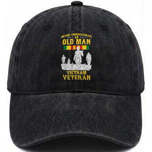 Never Underestimate an Old Man Vietnam Veteran Washed Cotton Baseball Cap Patriotic Military Gift TS01 Washed Cap Universal Fit Black Print Your Wear