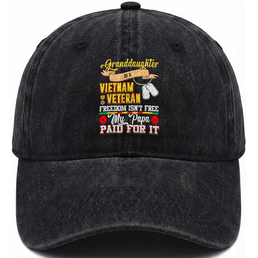 Proud Granddaughter of a Vietnam Veteran Washed Cotton Baseball Cap - Freedom Isn't Free, Patriotic Gift TS01 Washed Cap Universal Fit Black Print Your Wear