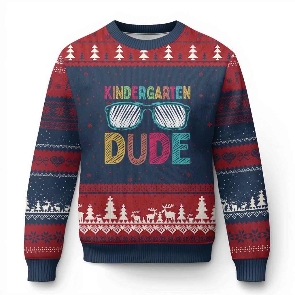 Kindergarten Dude Ugly Christmas Sweater Funny First Day Back to School Student TS01 Navy Red Print Your Wear