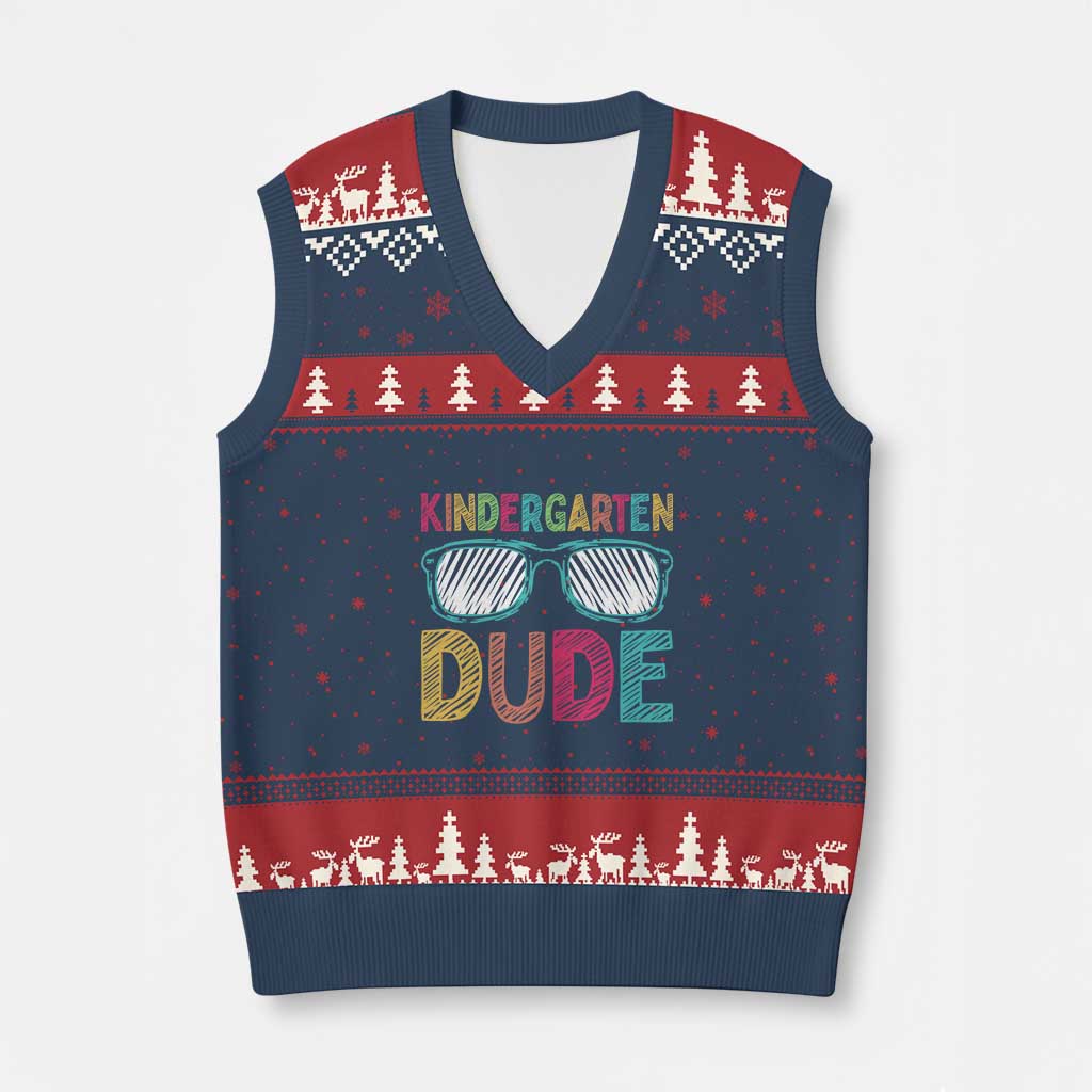 Kindergarten Dude V-Neck Knit Sweater Vest Funny First Day Back to School Student TS01 Navy Red Print Your Wear