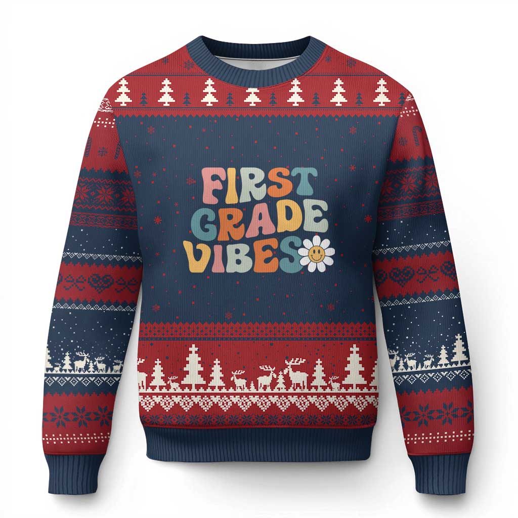 Retro 1st Day of School Ugly Christmas Sweater First Grade Vibes 1st Grade Team TS01 Navy Red Print Your Wear