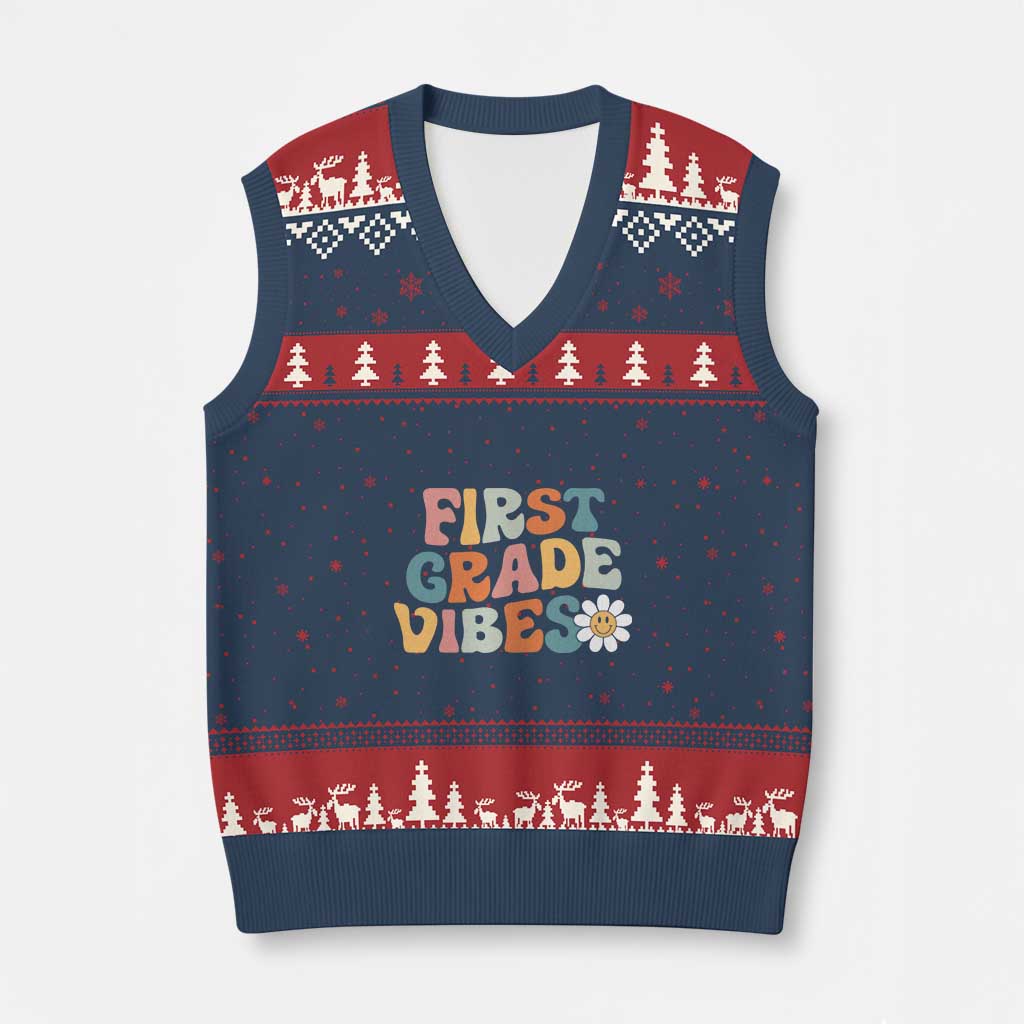 Retro 1st Day of School V-Neck Knit Sweater Vest First Grade Vibes 1st Grade Team