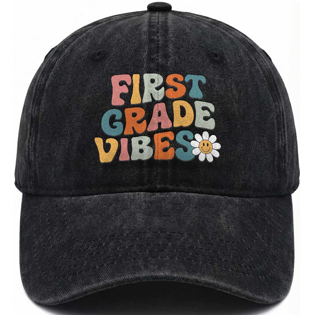 Retro 1st Day of School Washed Cotton Baseball Cap First Grade Vibes 1st Grade Team TS01 Print Your Wear