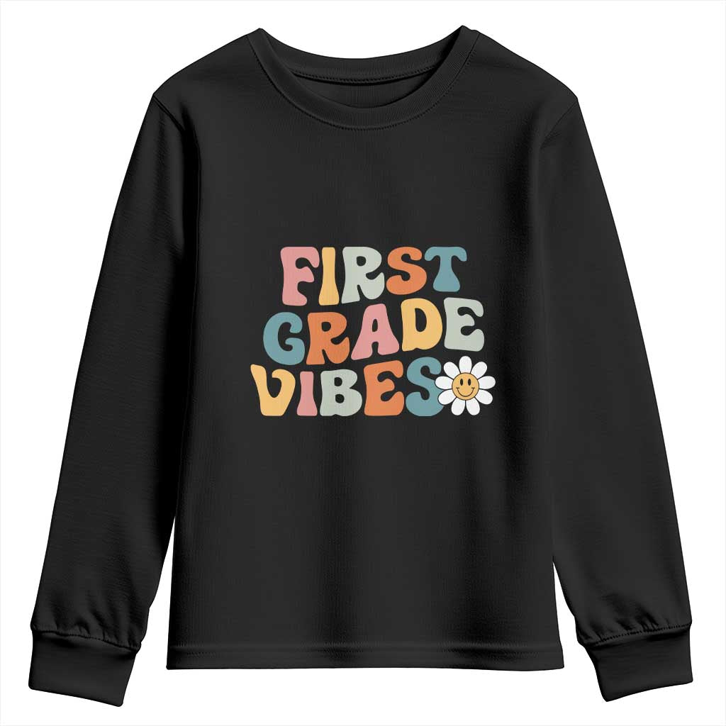 Retro 1st Day of School Youth Sweatshirt First Grade Vibes 1st Grade Team TS01 Black Print Your Wear