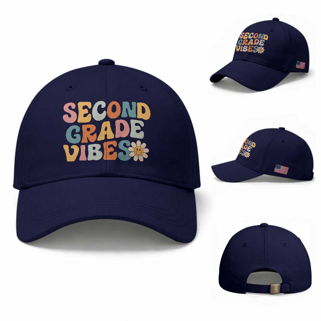 Groovy Retro Second Grade Vibes Baseball Cap Back to School 2nd Grade Team