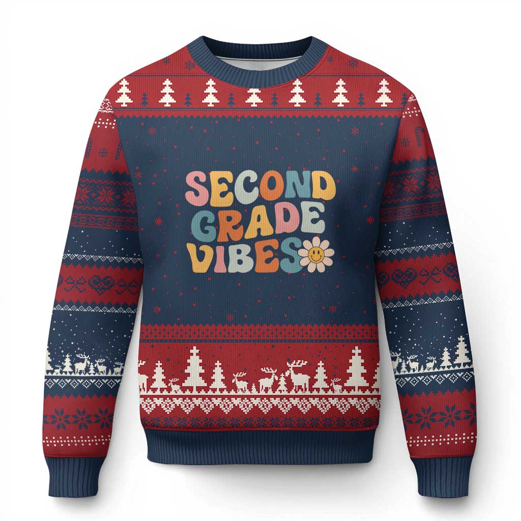 Groovy Retro Second Grade Vibes Ugly Christmas Sweater Back to School 2nd Grade Team TS01 Navy Red Print Your Wear