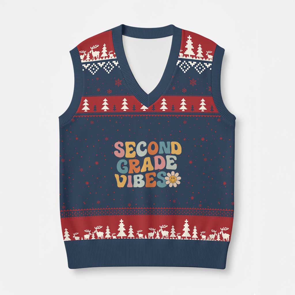 Groovy Retro Second Grade Vibes V-Neck Knit Sweater Vest Back to School 2nd Grade Team