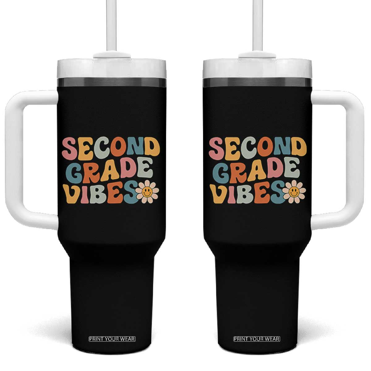 Groovy Retro Second Grade Vibes Tumbler With Handle Back to School 2nd Grade Team TS01 One Size: 40 oz Black Print Your Wear
