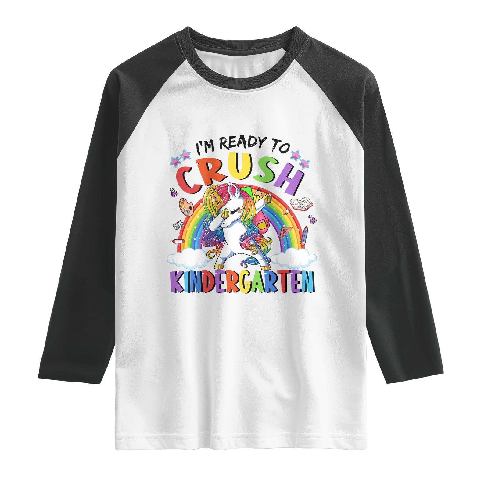 Ready to Crush Kindergarten Cute Girls Raglan Shirt First Day Back to School TS01 White Black Print Your Wear