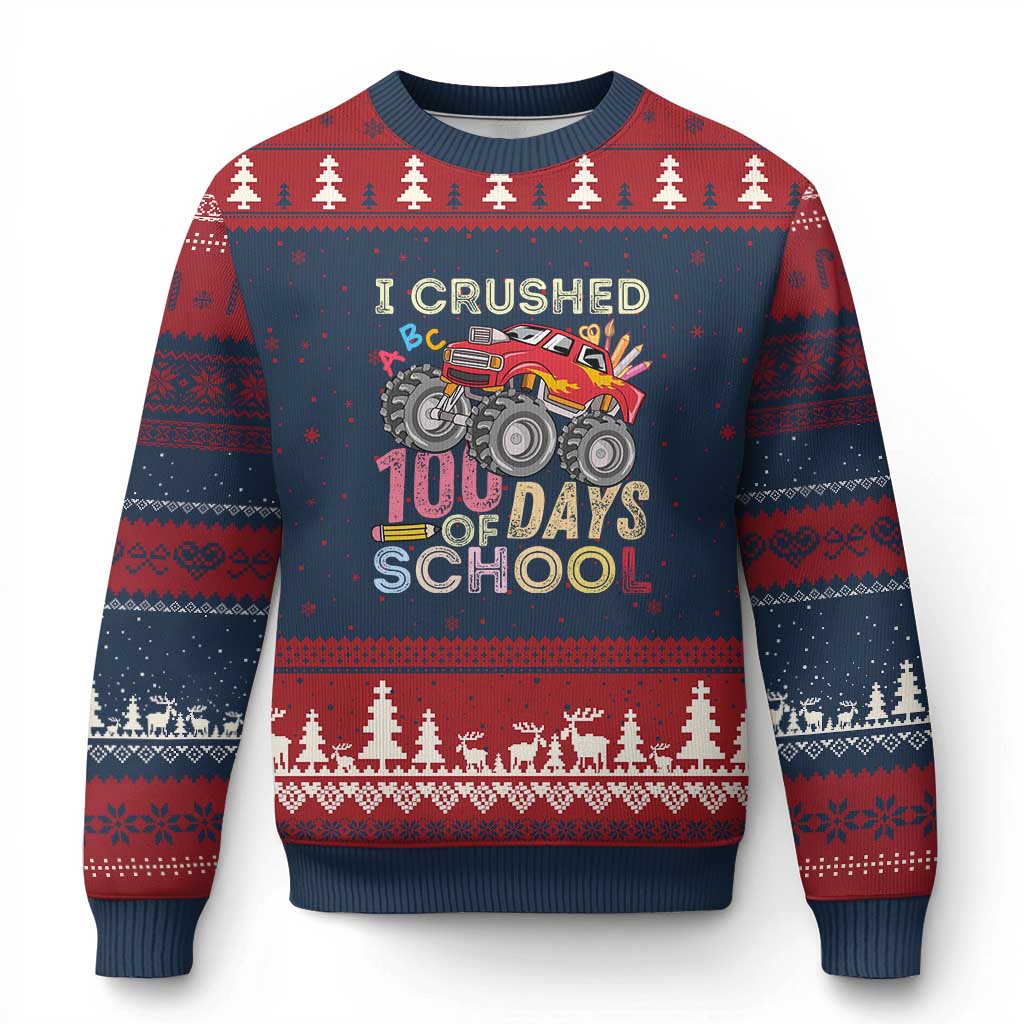 I Crushed 100 Days of School Monster Truck Ugly Christmas Sweater Cool Back to School Boys Gift TS01 Navy Red Print Your Wear