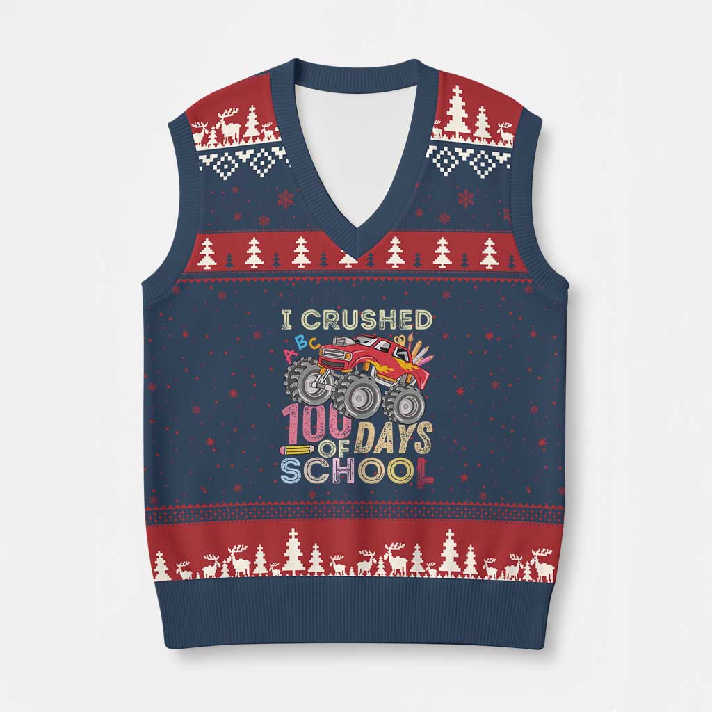 I Crushed 100 Days of School Monster Truck V-Neck Knit Sweater Vest Cool Back to School Boys Gift
