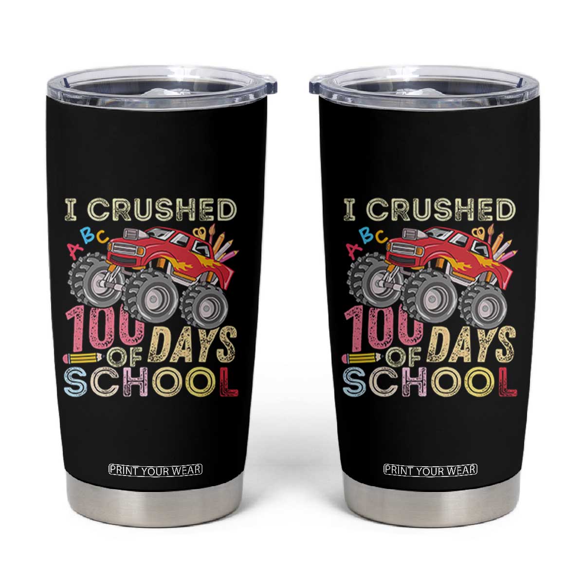 I Crushed 100 Days of School Monster Truck Tumbler Cup Cool Back to School Boys Gift