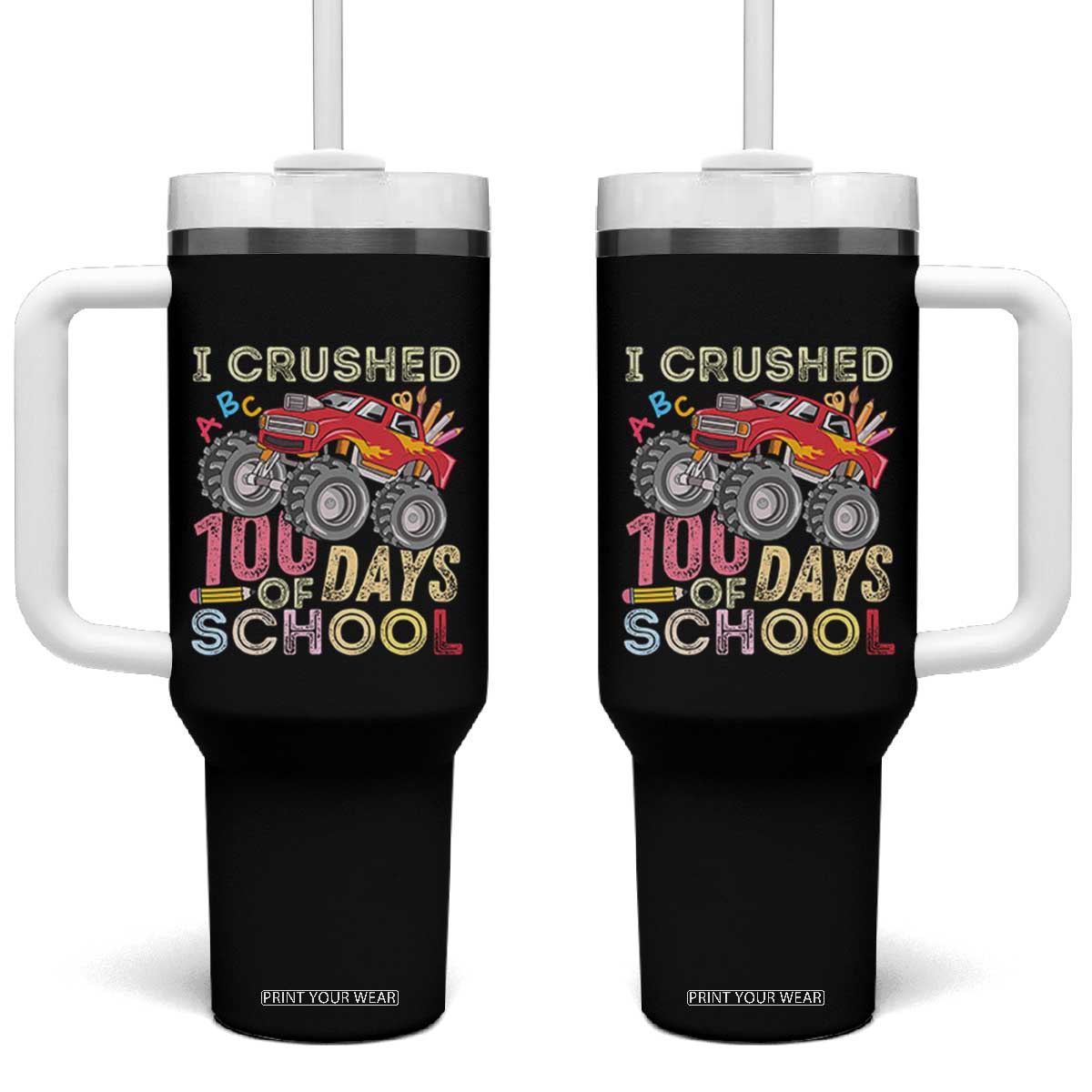 I Crushed 100 Days of School Monster Truck Tumbler With Handle Cool Back to School Boys Gift