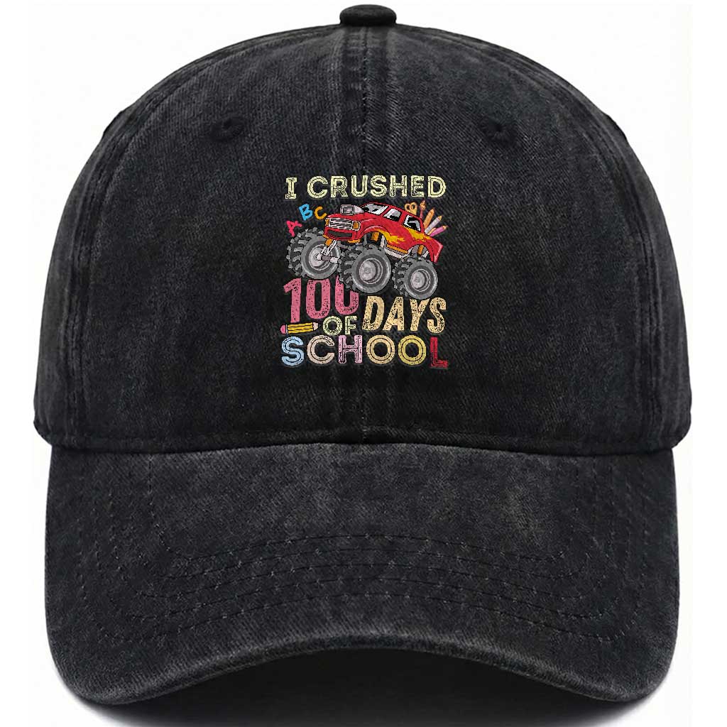 I Crushed 100 Days of School Monster Truck Washed Cotton Baseball Cap Cool Back to School Boys Gift
