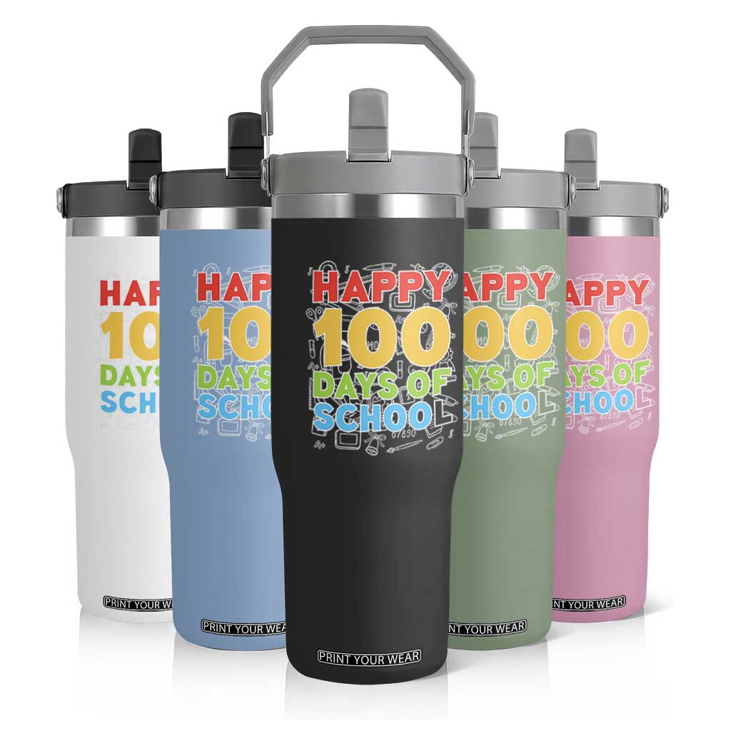Happy 100 Days of School Flip Straw Tumbler Cute Celebration Gift for Teachers and Kids