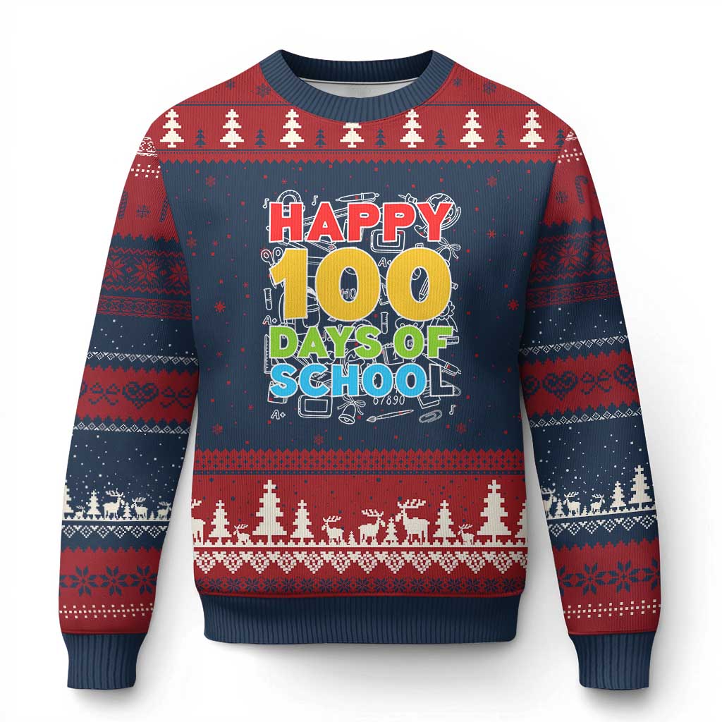 Happy 100 Days of School Ugly Christmas Sweater Cute Celebration Gift for Teachers and Kids TS01 Navy Red Print Your Wear