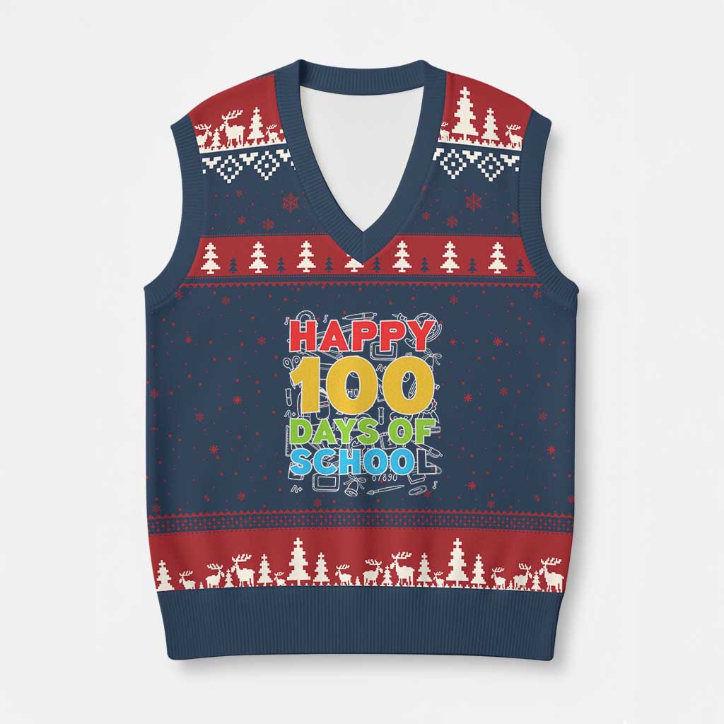 Happy 100 Days of School V-Neck Knit Sweater Vest Cute Celebration Gift for Teachers and Kids