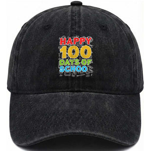 Happy 100 Days of School Washed Cotton Baseball Cap Cute Celebration Gift for Teachers and Kids