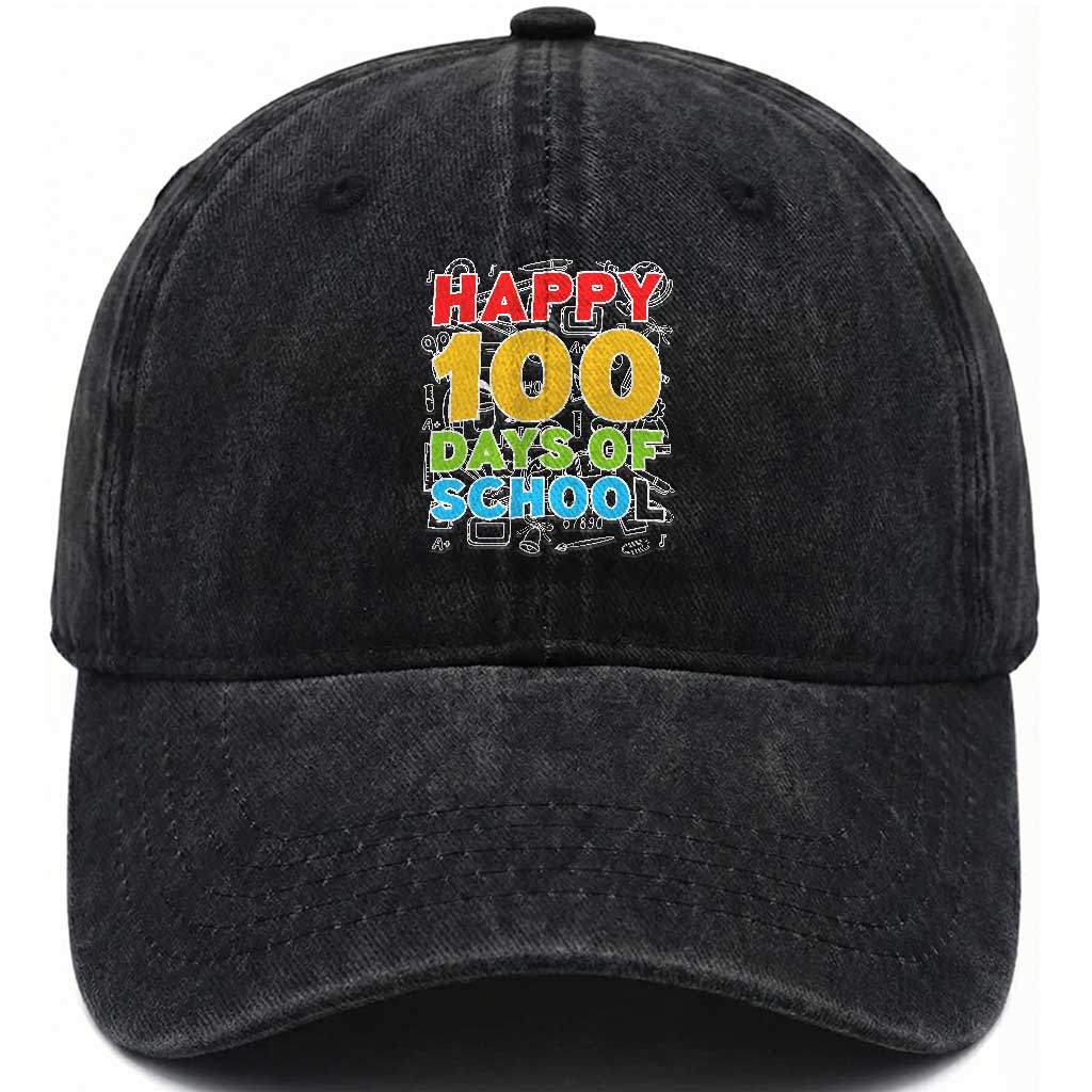 Happy 100 Days of School Washed Cotton Baseball Cap Cute Celebration Gift for Teachers and Kids TS01 Print Your Wear