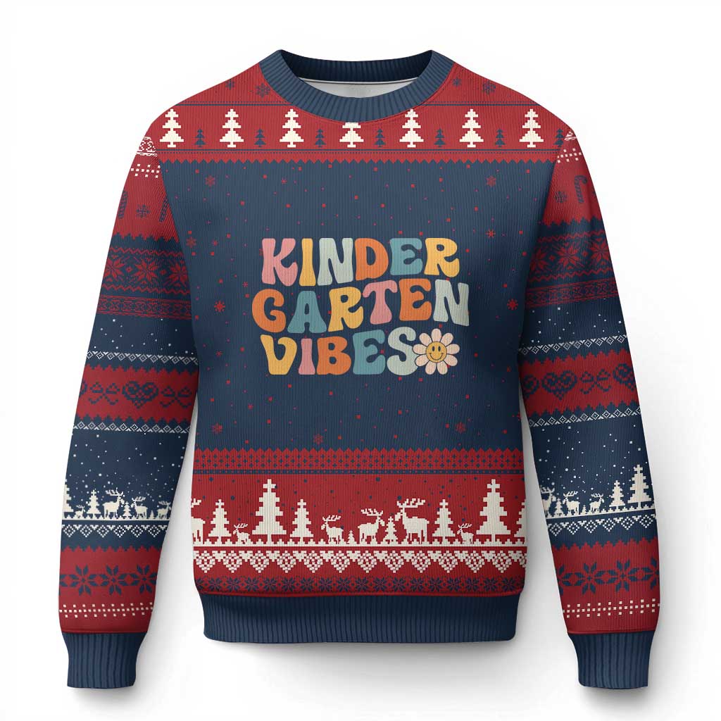 Retro Kindergarten Vibes Ugly Christmas Sweater Cute Kinder Crew First Day of School TS01 Navy Red Print Your Wear