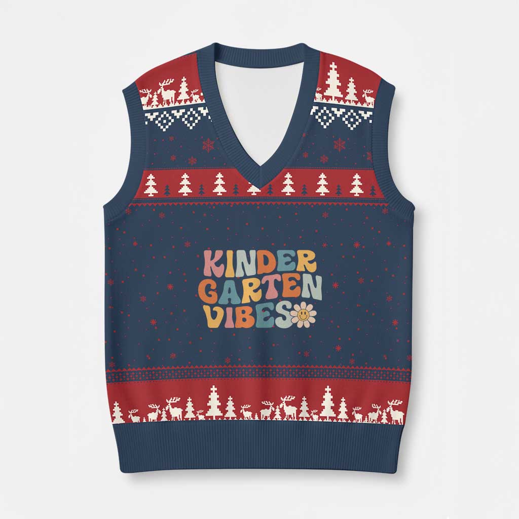 Retro Kindergarten Vibes V-Neck Knit Sweater Vest Cute Kinder Crew First Day of School
