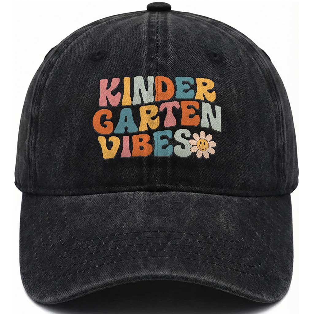 Retro Kindergarten Vibes Washed Cotton Baseball Cap Cute Kinder Crew First Day of School TS01 Print Your Wear