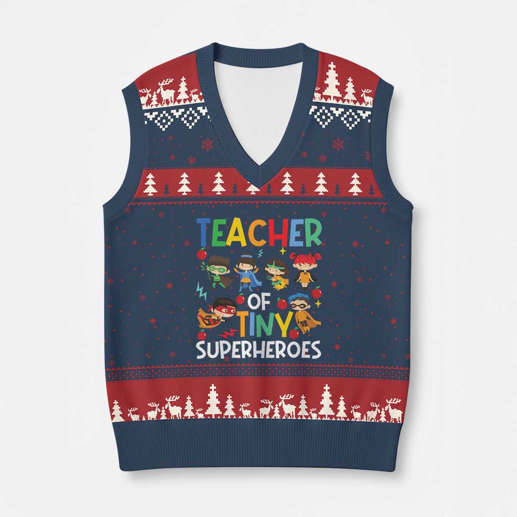 Teacher of Tiny Superheroes V-Neck Knit Sweater Vest Funny 100th Day of School