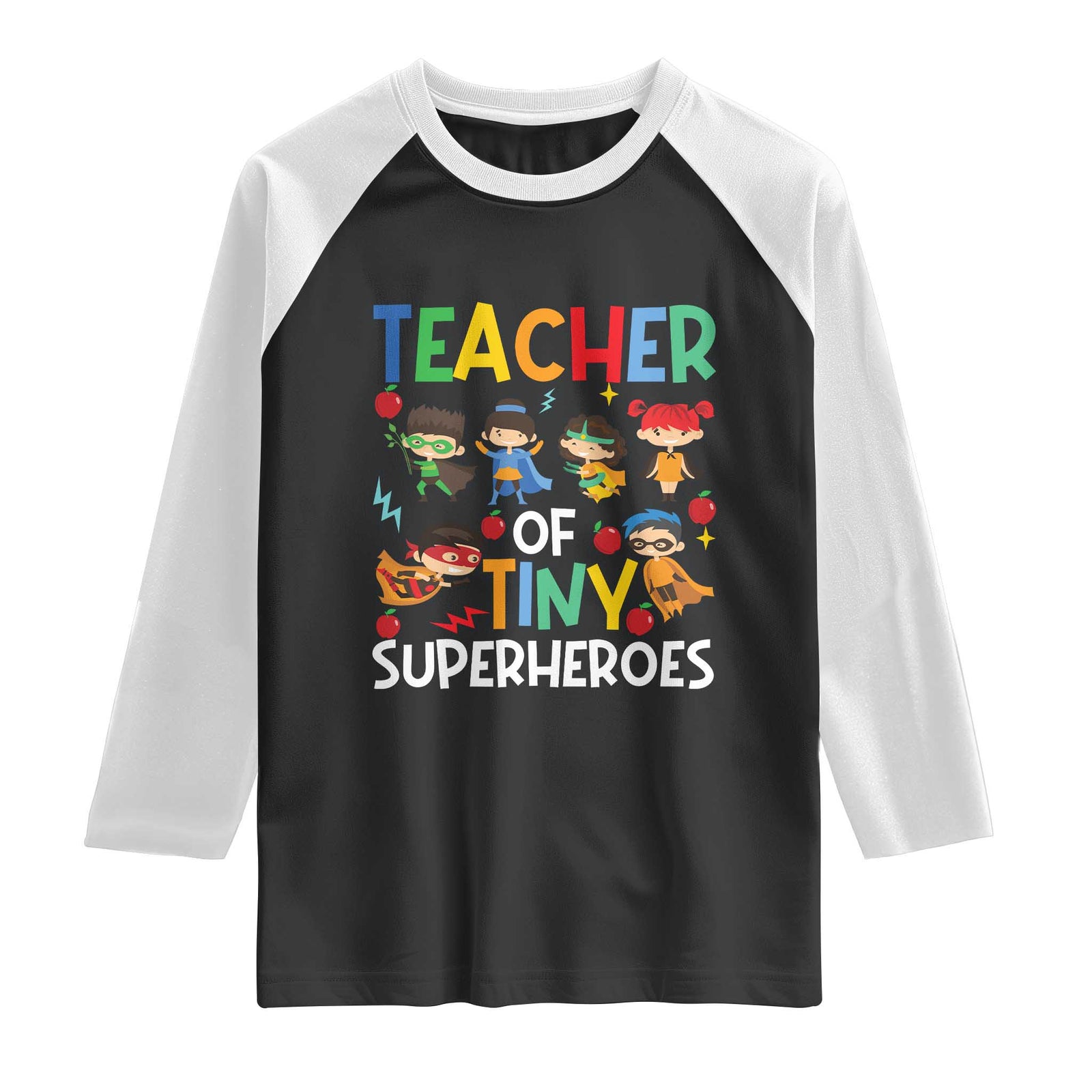 Teacher of Tiny Superheroes Raglan Shirt Funny 100th Day of School TS01 Black White Print Your Wear