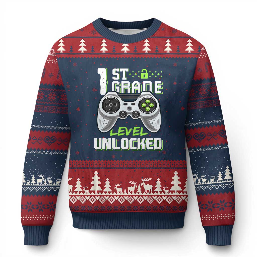 Leveling Up To School Funny Gamer Boys Ugly Christmas Sweater First Day Back to School Gift TS01 Navy Red Print Your Wear