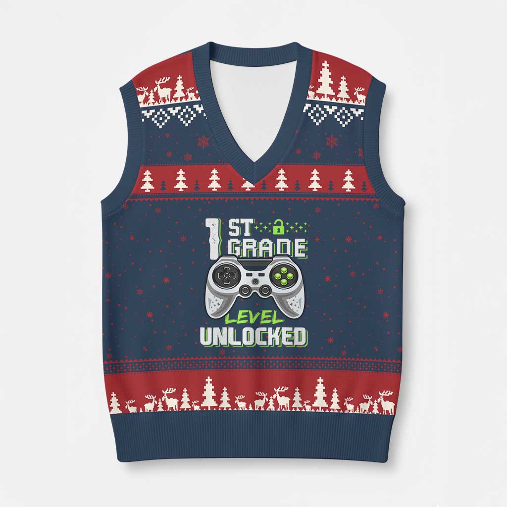 Leveling Up To School Funny Gamer Boys V-Neck Knit Sweater Vest First Day Back to School Gift