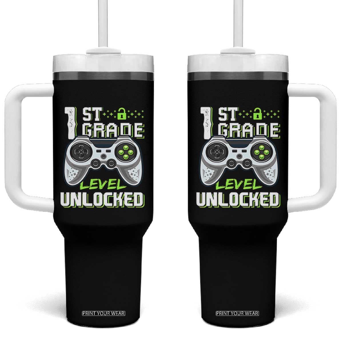 Leveling Up To School Funny Gamer Boys Tumbler With Handle First Day Back to School Gift TS01 One Size: 40 oz Black Print Your Wear
