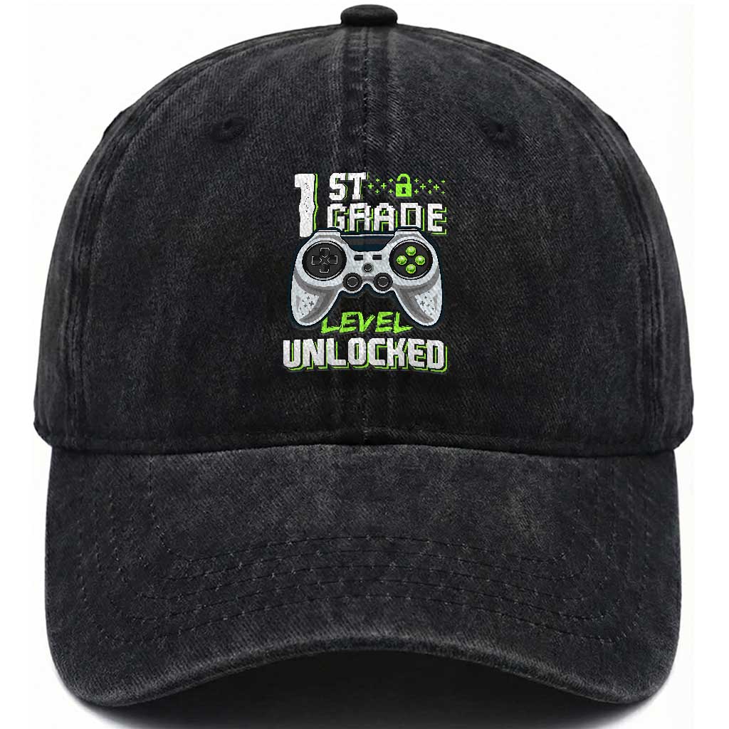 Leveling Up To School Funny Gamer Boys Washed Cotton Baseball Cap First Day Back to School Gift TS01 Print Your Wear