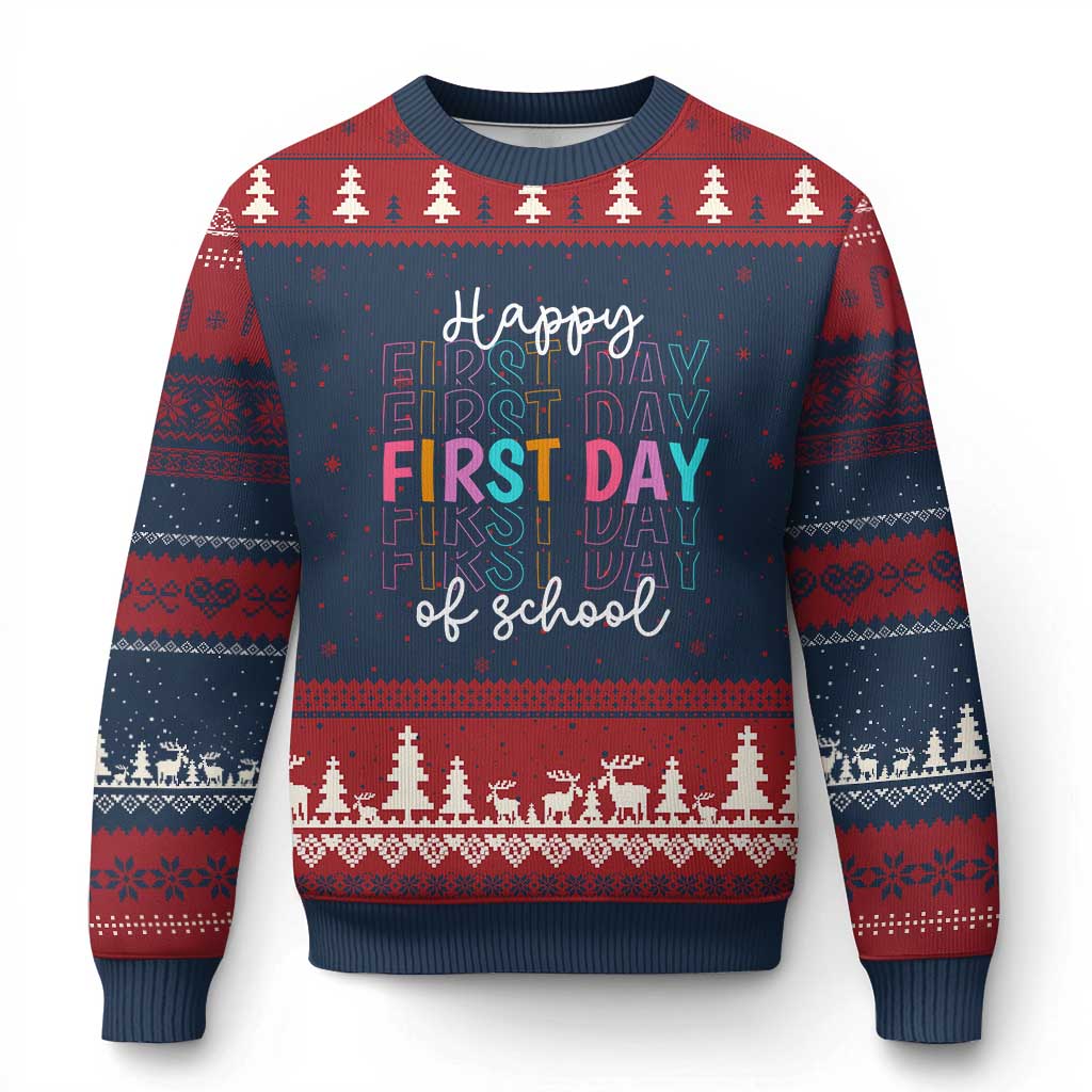 Happy First Day of School Ugly Christmas Sweater Positive Vibe Teacher and Student Gift TS01 Navy Red Print Your Wear