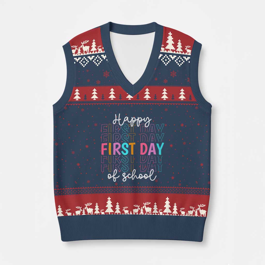Happy First Day of School V-Neck Knit Sweater Vest Positive Vibe Teacher and Student Gift TS01 Navy Red Print Your Wear