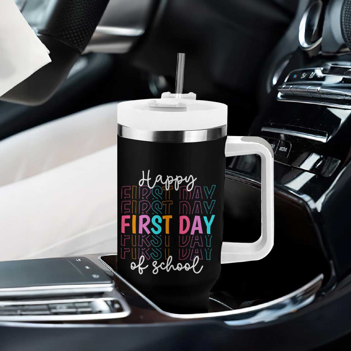 Happy First Day of School Tumbler With Handle Positive Vibe Teacher and Student Gift