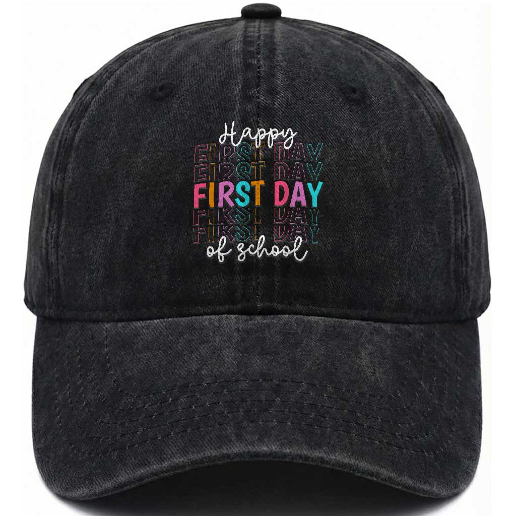 Happy First Day of School Washed Cotton Baseball Cap Positive Vibe Teacher and Student Gift TS01 Print Your Wear