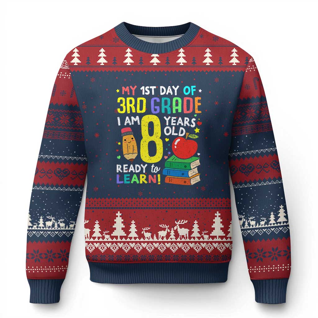 Hello 3rd Grade Ugly Christmas Sweater Boys and Girls First Day Back to School Gift TS01 Navy Red Print Your Wear