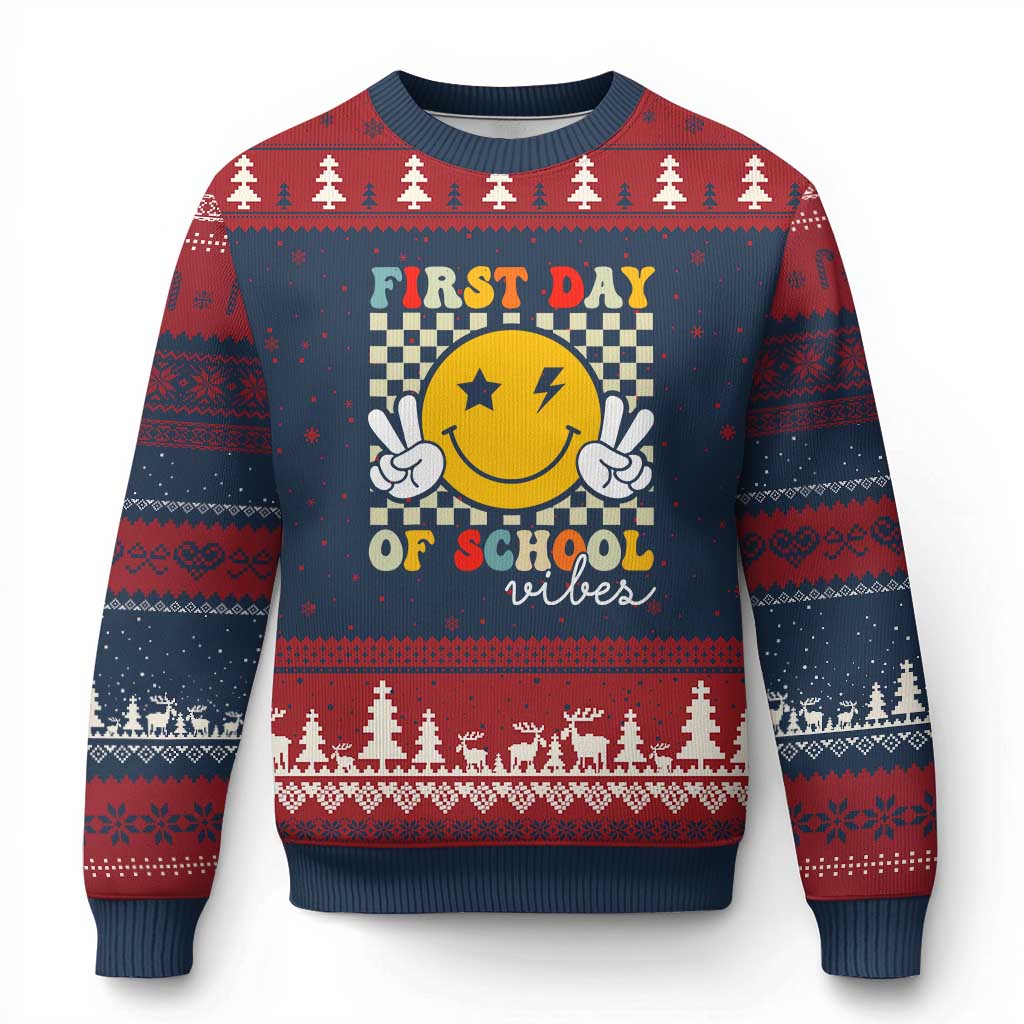 First Day of School Vibes Ugly Christmas Sweater Aesthetic Back to School Teacher Student TS01 Navy Red Print Your Wear