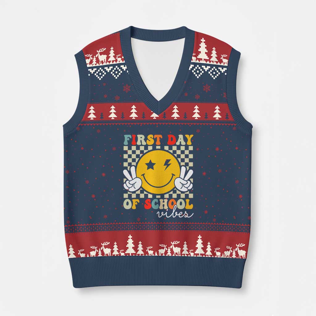 First Day of School Vibes V-Neck Knit Sweater Vest Aesthetic Back to School Teacher Student TS01 Navy Red Print Your Wear