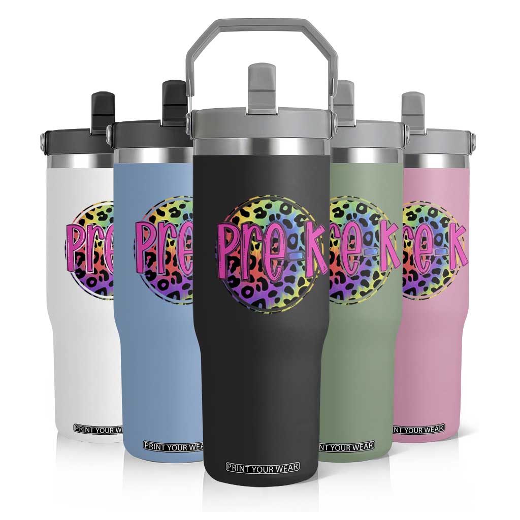 Pre-Kindergarten Neon Leopard Effect Printing Flip Straw Tumbler Wild About PreK Teacher Student Gift