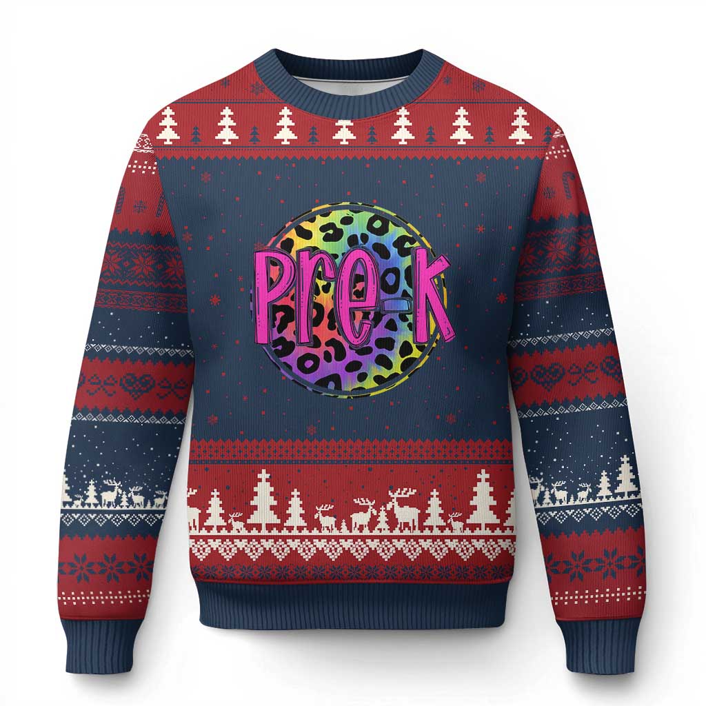 Pre-Kindergarten Neon Leopard Effect Printing Ugly Christmas Sweater Wild About PreK Teacher Student Gift TS01 Navy Red Print Your Wear