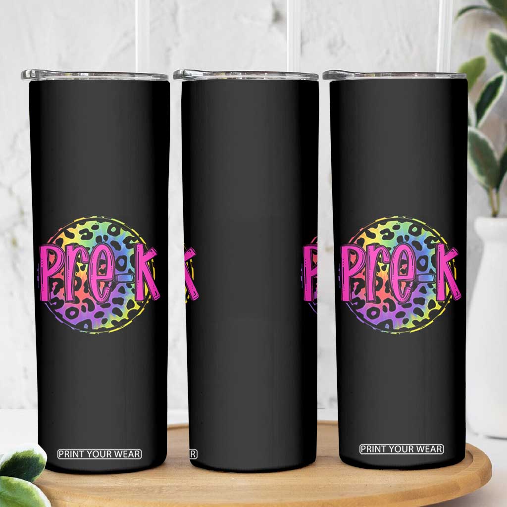Pre-Kindergarten Neon Leopard Effect Printing Skinny Tumbler Wild About PreK Teacher Student Gift