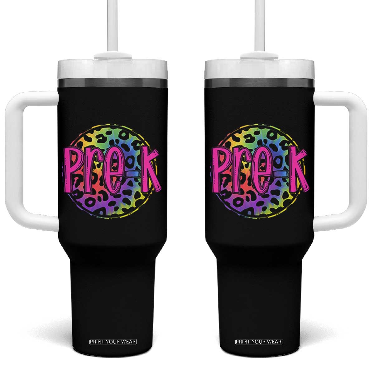 Pre-Kindergarten Neon Leopard Effect Printing Tumbler With Handle Wild About PreK Teacher Student Gift