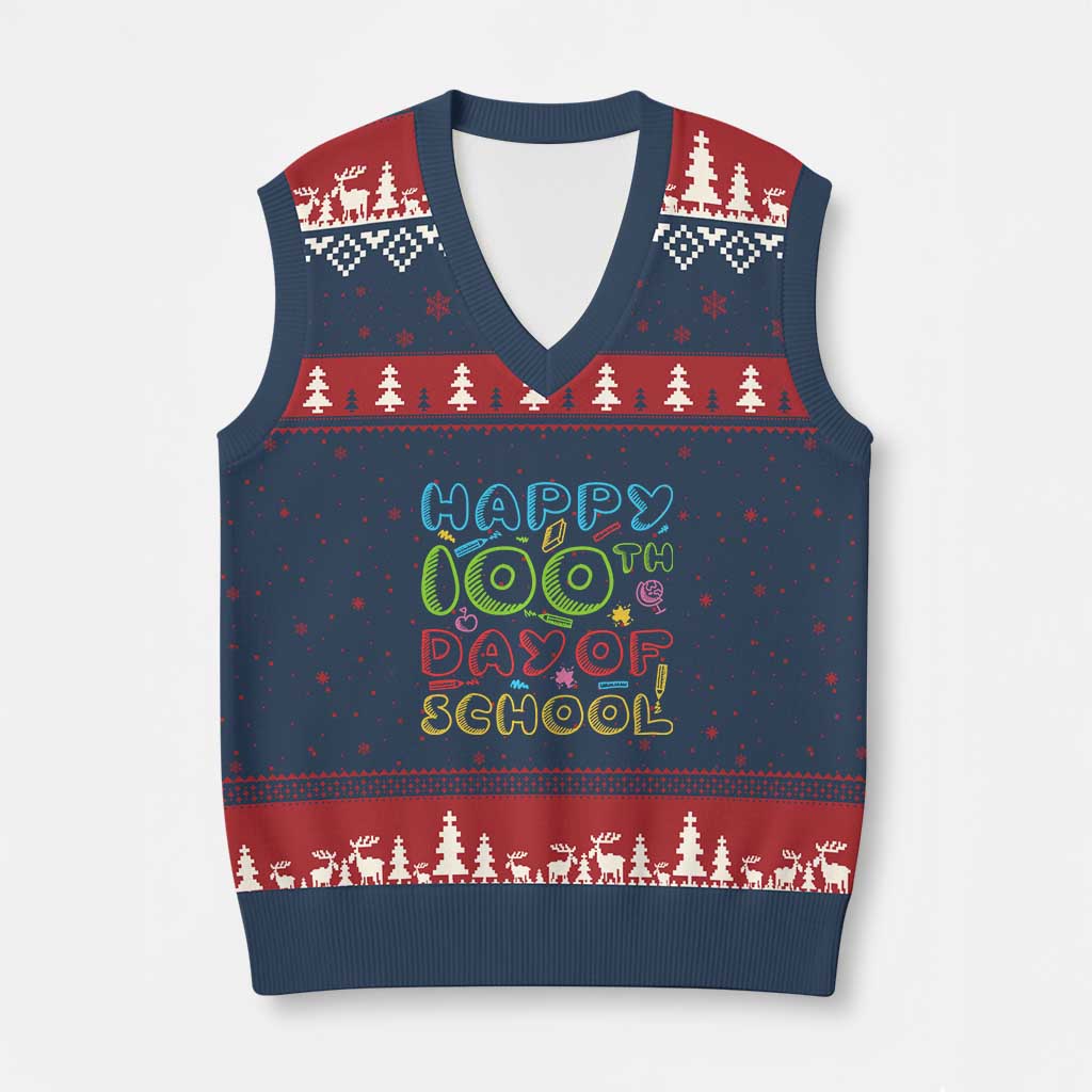 Happy 100 Days of School V-Neck Knit Sweater Vest 100th Day Funny Milestone Celebration TS01 Navy Red Print Your Wear