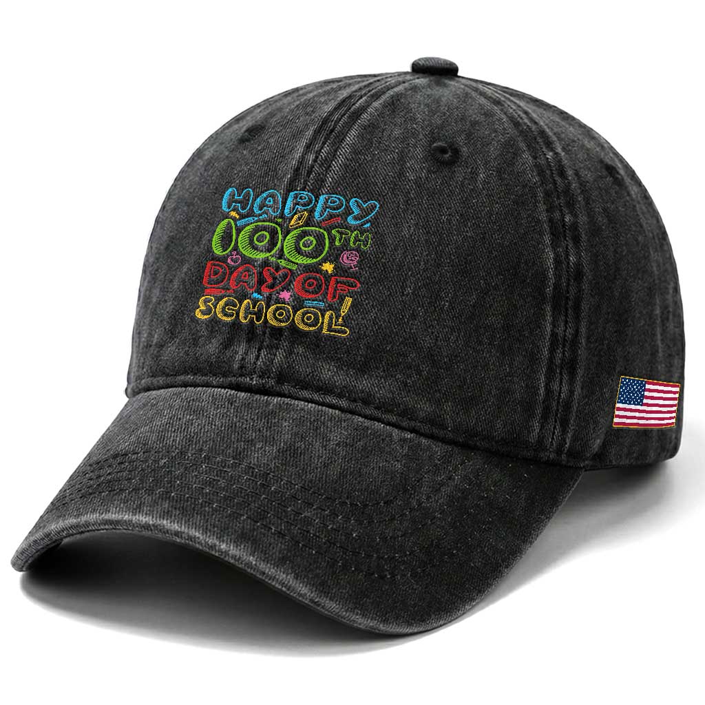 Happy 100 Days of School Washed Cotton Baseball Cap 100th Day Funny Milestone Celebration