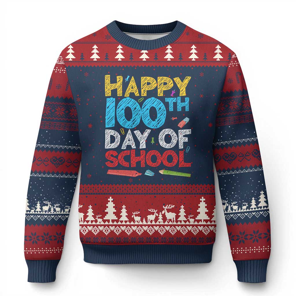100 Days of School Celebration Ugly Christmas Sweater Happy 100th Day Student Teacher Gift TS01 Navy Red Print Your Wear