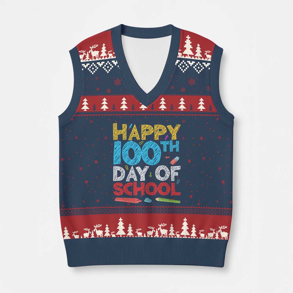 100 Days of School Celebration V-Neck Knit Sweater Vest Happy 100th Day Student Teacher Gift TS01 Navy Red Print Your Wear