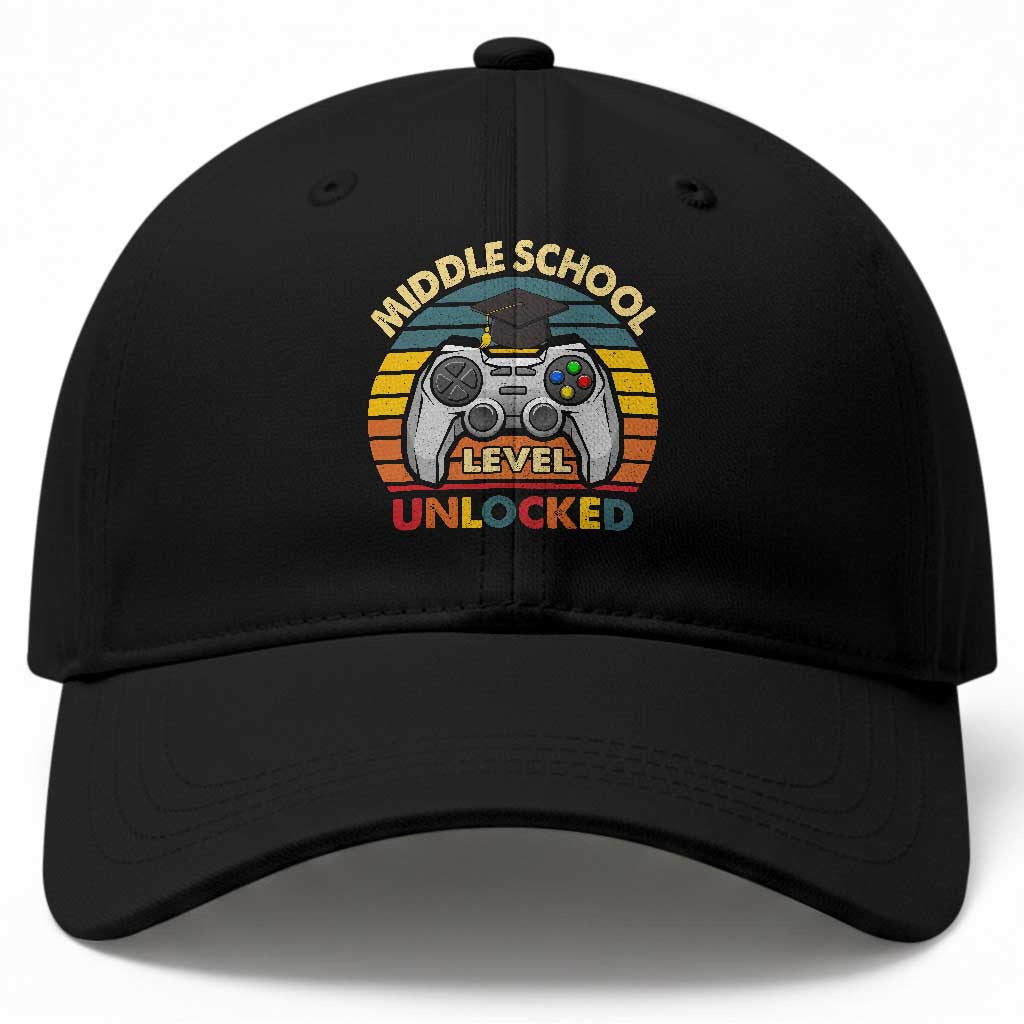 Middle School Level Unlocked Baseball Cap Funny Gamer First Day of Middle School
